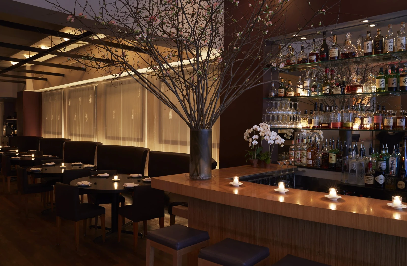 The warmly lit bar at BONDST in New York, where the original NoName cocktail was created